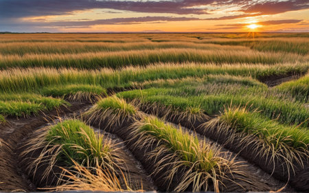 Sunset light fills the scene, casting warm hues over sprawling grass fields. Gentle waves of green create a rhythmic pattern as the day transitions into night, showcasing nature's beauty.の写真素材