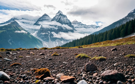 Towering mountains loom in the background, framed by a lush forest. Pebbly ground is adorned with patches of moss, inviting exploration on a cool and vibrant day in nature's splendor.の写真素材
