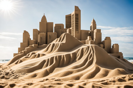 An intricate sand city stands tall against the bright blue sky. Towers and slopes mimic a real skyline, capturing the essence of urban life on the beach. The sun shines brightly, enhancing the scene.の写真素材