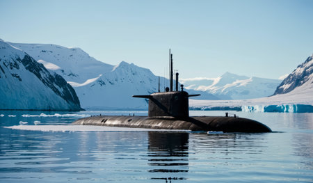 A sleek submarine glides through the calm, icy waters under a clear blue sky. Towering snow-capped mountains create a stunning backdrop, reflecting on the water's surface.の写真素材