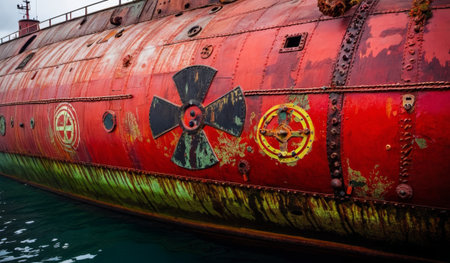 A weathered submarine, adorned with faded symbols, lies still in tranquil waters. Its rusted surface reflects a forgotten era, inviting curiosity about its past and adventures on the sea.の写真素材