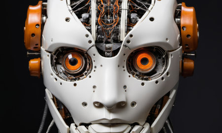 A close-up view of a robotic face showcasing glowing orange eyes. The intricate machinery inside highlights advanced technology, blending art with the future of robotics.の写真素材