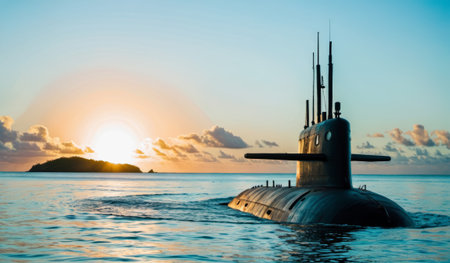 A submarine quietly moves across serene ocean waters as the sun sets, casting warm golden hues. A small island can be seen in the background, creating a tranquil tropical scene.の写真素材