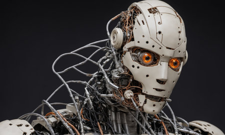 A captivating humanoid robot stands still, showcasing its complex design.の写真素材