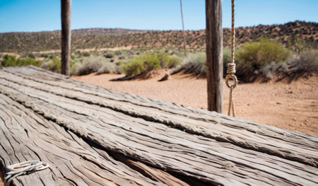 A rustic wooden platform sits under a clear blue sky, surrounded by arid desert terrain. The weathered wood tells stories of time, while distant hills rise against the horizon.の写真素材