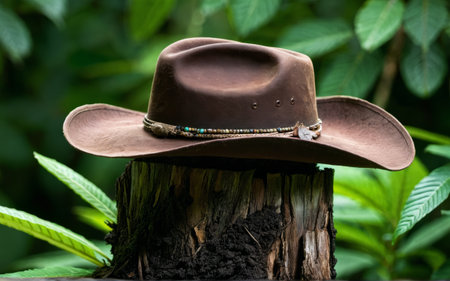 A worn brown cowboy hat sits atop a moss-covered tree stump, surrounded by vibrant green leaves....