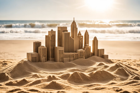 A detailed sandcastle resembling a city skyline stands on the shore, with gentle waves lapping at its base. The sun shines brightly, creating a warm glow over the sandy landscape.の写真素材