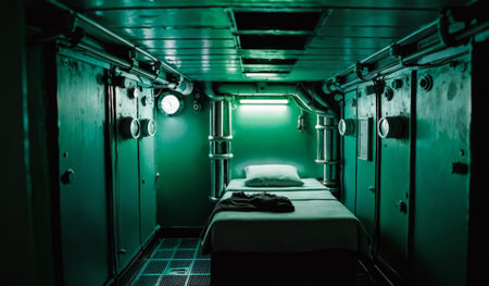 A small sleeping cabin inside a submarine glows with soft green light. A neatly made bed rests against the cold metal walls, inviting thoughts of exploration and isolation beneath the sea.の写真素材