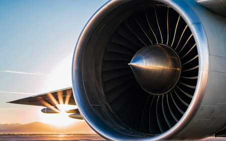The sun rises behind a jet engine, casting warm light on its intricate details. The scene captures the beauty of technology and nature, with mountains framing the background at an airport.の写真素材