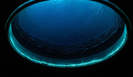 A captivating view reveals the endless blue of the ocean beneath a circular window. Gentle waves play with light, creating a serene ambiance. A sense of depth and mystery invites exploration.の写真素材