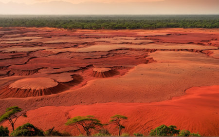 Golden light bathes the expansive red landscape. Uniquely shaped formations rise from the earth. Green foliage contrasts with the striking hues, creating a breathtaking natural scene.の写真素材