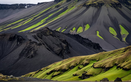 Breathtaking scenery unfolds with dark, rugged mountains contrasting against lush green valleys. The unique geology of Iceland showcases its raw beauty under a cloudy sky during midday.の写真素材