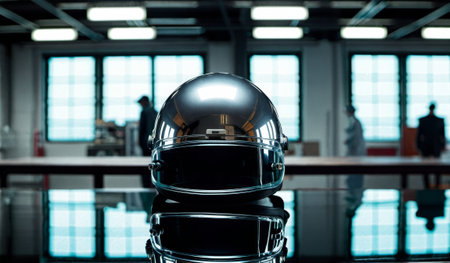 A shiny motorcycle helmet rests on a sleek table in a contemporary workspace. Silhouetted figures move in the background, creating an atmosphere of focus and innovation.の写真素材