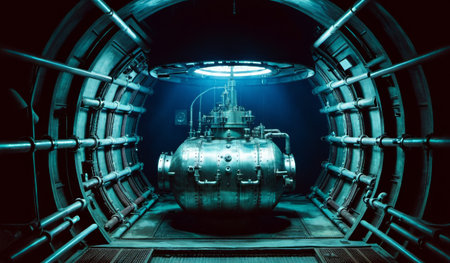 Inside a metallic chamber, a large, intricate machine sits illuminated by a soft blue glow. Pipes line the walls, creating an industrial atmosphere.の写真素材