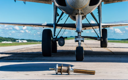 On a bright summer day, a mechanic works diligently under a small aircraft on the runway. The sun creates vibrant shadows, emphasizing the importance of aircraft safety and maintenance.の写真素材