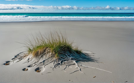 A grassy mound emerges from the smooth sand on a tranquil beach. Gentle waves lap at the shore under a bright blue sky. This peaceful scene captures the beauty of nature's resilience.の写真素材