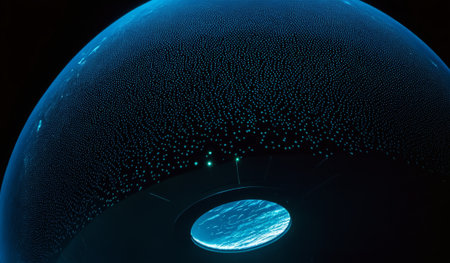 A stunning, glowing dome reveals an enchanting underwater realm filled with countless particles. Soft blue light dances across the surface, creating an otherworldly atmosphere at dusk.の写真素材
