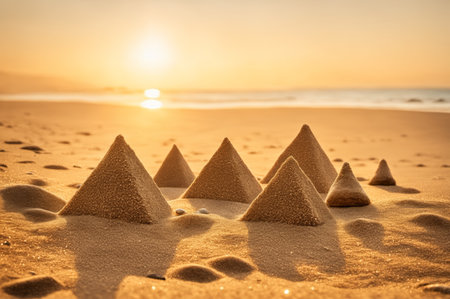 Small pyramids made of sand rise from the beach, basking in the warm glow of the sunset. The gentle waves can be seen in the distance, reflecting the vibrant colors of dusk.の写真素材