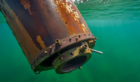 Beneath the serene surface, a rusted cylindrical object rests, showcasing its age with peeling paint and rust. Sunlight filters through the clear water, enhancing the mysterious allure of the scene.の写真素材