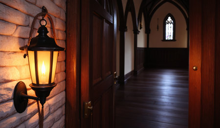 A warm light from a vintage lantern casts a golden glow on a rustic wall, leading into a peaceful hallway. The wooden door stands open to reveal intricate arches and a softly lit stained glass window.の写真素材