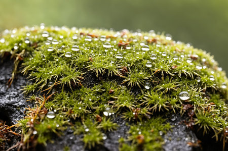 Gentle drops of water cling to lush green moss on a smooth rock. The soft morning light filters...