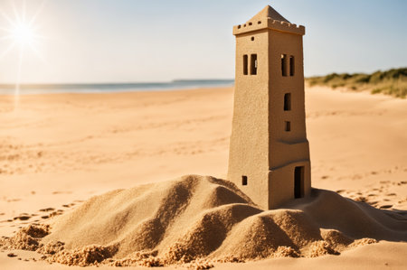 A beautiful sandcastle tower rises majestically on the beach, surrounded by soft golden sand as the sun sets. The clear blue ocean glimmers in the background, creating a serene atmosphere.の写真素材