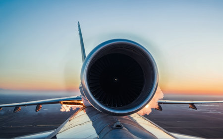 A powerful jet engine is showcased at sunset, with colorful skies reflecting hues of orange and purple. The scene captures the thrill of air travel with a glimpse of the world below.の写真素材