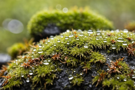 Early morning light reveals droplets of dew resting on lush green moss. The scene captures the beauty of nature, showcasing delicate textures and vibrant colors in a peaceful forest setting.の写真素材