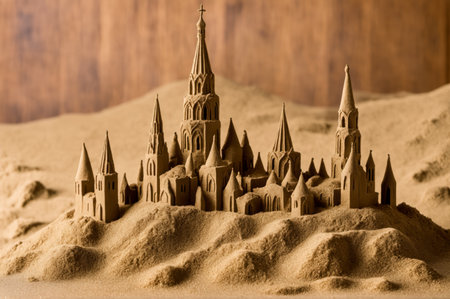 Crafted with care, a magnificent sandcastle rises from golden sand, showcasing detailed towers and arches. The warm wooden backdrop enhances its enchanting beauty during afternoon light.の写真素材