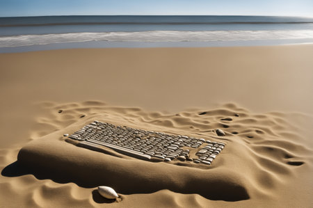 A detailed keyboard formed from soft sand rests on a serene beach. Gentle waves lap the shore, while the sun rises, casting a warm glow over the scene.の写真素材