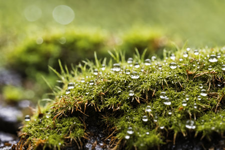 Soft droplets of dew rest delicately on lush green moss. Early morning light adds a gentle glow, creating a peaceful atmosphere where nature thrives.の写真素材