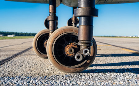 Close-up view of airplane landing gear resting on a runway. The clear blue sky sets a serene backdrop, highlighting the engineering and craftsmanship behind aviation.の写真素材
