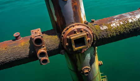 A network of old, rusted metal pipes stands above calm turquoise water. Sunlight reflects off the surface, highlighting the textures of corrosion and ocean life intertwined with industrial remnants.の写真素材