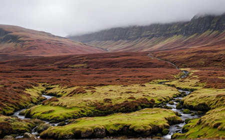 A serene valley stretches under a cloudy sky, showcasing vibrant green grass alongside a gentle...