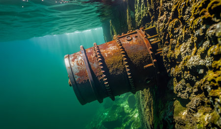 Beneath the clear blue waters, an old, rusted machinery part clings to a rocky surface, hinting at...