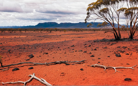 A vast red landscape stretches towards distant mountains.の写真素材
