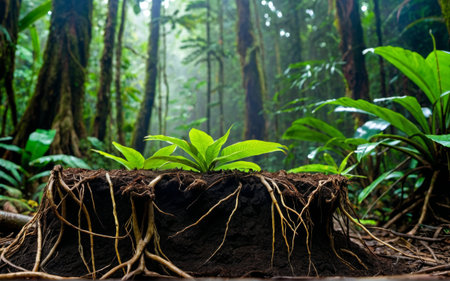 In a dense rainforest, new life emerges as a small plant sprouts from the ground, surrounded by thick roots and towering trees. Sunlight filters through the leaves, creating a serene atmosphere.の写真素材