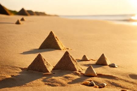 A serene beach scene showcases small sand pyramids formed by playful hands. The soft golden light of sunset bathes the sand, creating a warm and tranquil atmosphere by the water's edge.の写真素材