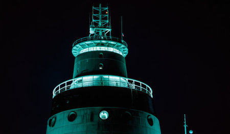 A tall lighthouse stands against the night sky, illuminated by bright lights. The structure radiates a calming glow, ensuring safe navigation for passing boats on the water.の写真素材