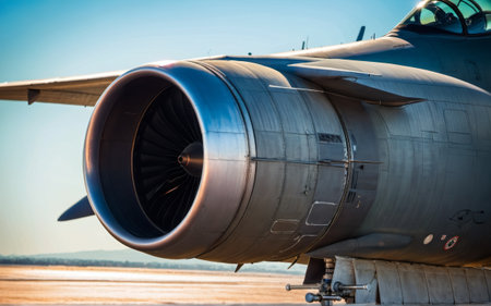 A sleek jet engine stands out against a bright blue sky, showcasing its powerful design. The sun reflects off the metallic surface, revealing intricate details of aviation technology and engineering.の写真素材