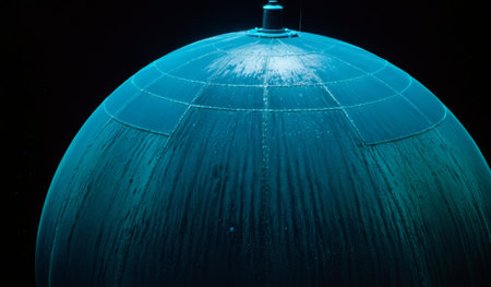 A glowing dome rests silently on the ocean floor, illuminated by soft blue light. Bubbles rise around it, creating a surreal atmosphere in the dark watery expanse below.の写真素材