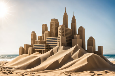A detailed sandcastle shaped like a city stands proud on the beach. The sun shines brightly overhead, casting shadows on the sandy towers, while soft waves lap at the shore nearby.の写真素材