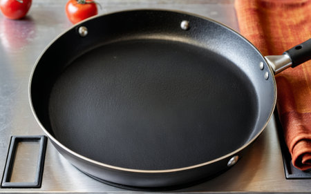 A smooth, black skillet sits on a stainless steel surface, waiting for ingredients. Fresh red...