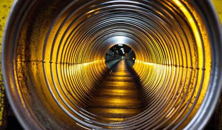 A metallic tunnel reflects warm yellow light, creating a captivating pathway. The smooth curves draw the eye inward, hinting at the mystery that lies ahead in the dark urban setting.の写真素材