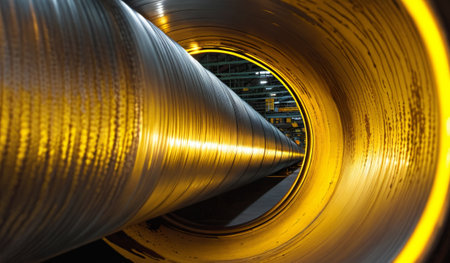 Inside a factory, a close-up view of a large metallic cylinder reveals shining edges. The warm yellow light creates a contrast against the cold steel, highlighting industrial beauty at work.の写真素材