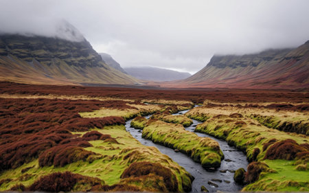 A stunning valley unfolds with a winding river cutting through lush green grass. Mountains rise majestically on each side as clouds hang low, creating a dramatic and serene atmosphere.の写真素材