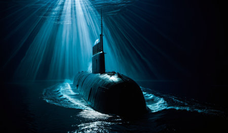 A majestic submarine glides through dark ocean depths, bathed in shafts of brilliant sunlight breaking through the surface. Bubbles trail behind as it navigates the serene underwater world.の写真素材