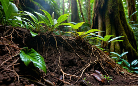Nestled in a vibrant rainforest, roots intertwine with rich soil and diverse plants thrive in the shadows. Sunlight filters through the canopy, creating a serene and enchanting atmosphere.の写真素材