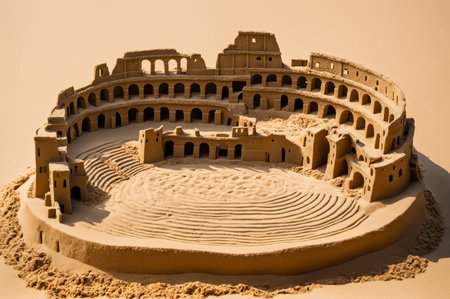 A detailed sand sculpture resembling an ancient amphitheater sits on a sandy surface. Its intricate arches and rows create a stunning sight, glowing under soft afternoon sunlight.の写真素材