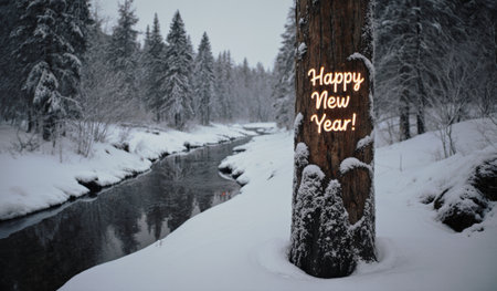 A serene winter landscape showcases a tree covered in snow, decorated with a glowing message wishing a Happy New Year. A gentle river flows nearby, surrounded by tall evergreen trees.の写真素材